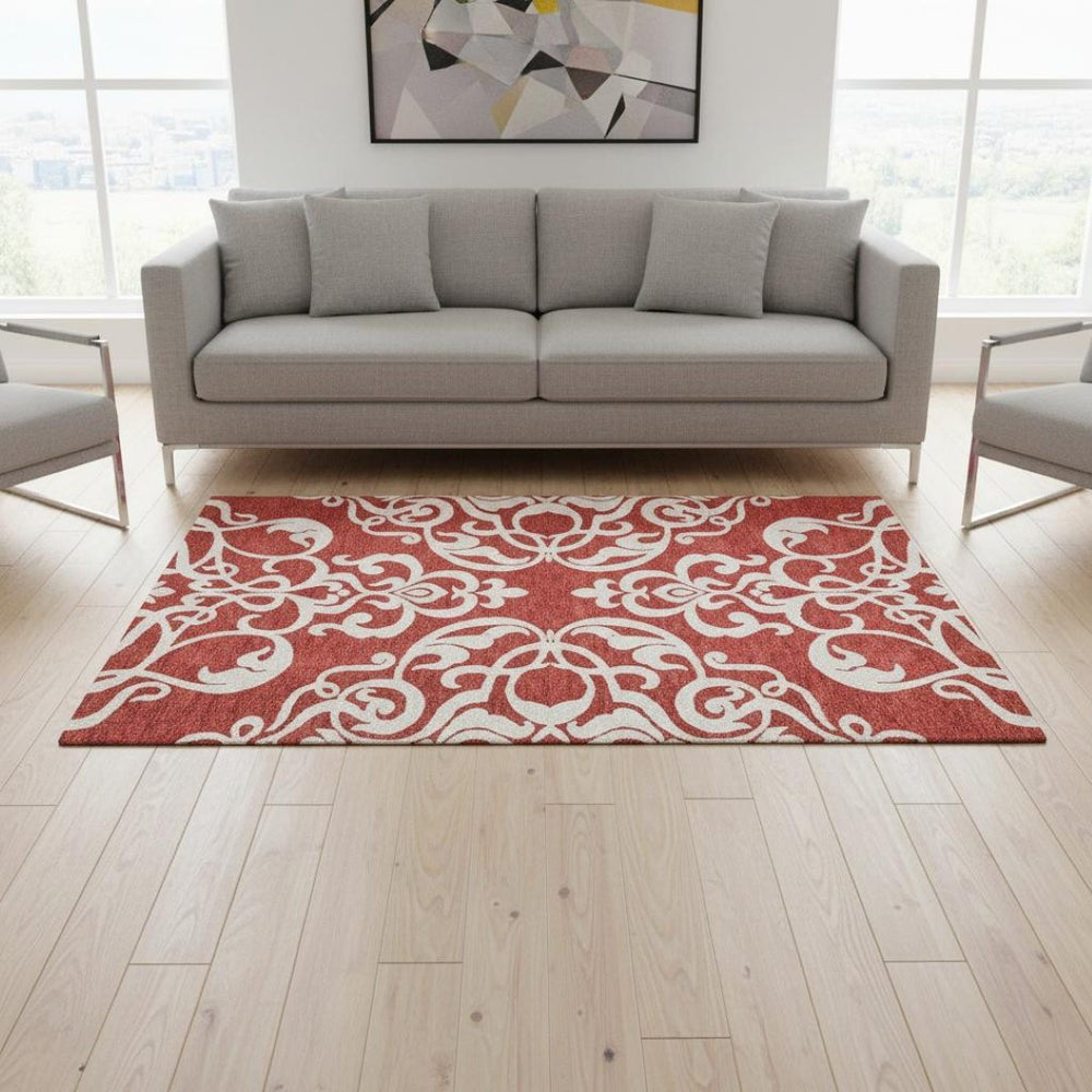 HomeRoots 5' Red and Ivory Damask Area Rug - Washable, UV Protected, Perfect for High-Traffic Spaces! 676946