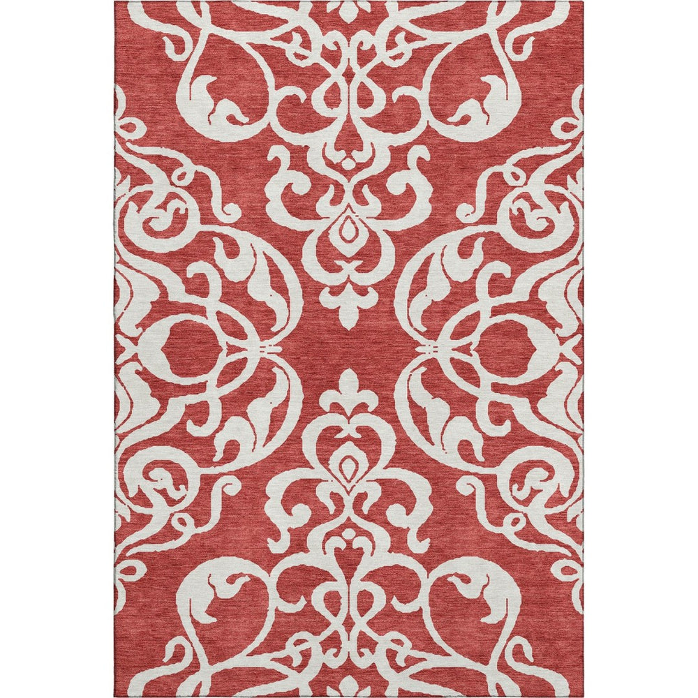 HomeRoots 5' Red and Ivory Damask Area Rug - Washable, UV Protected, Perfect for High-Traffic Spaces! 676946