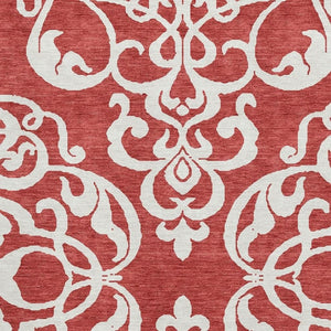 HomeRoots 5' Red and Ivory Damask Area Rug - Washable, UV Protected, Perfect for High-Traffic Spaces! 676946