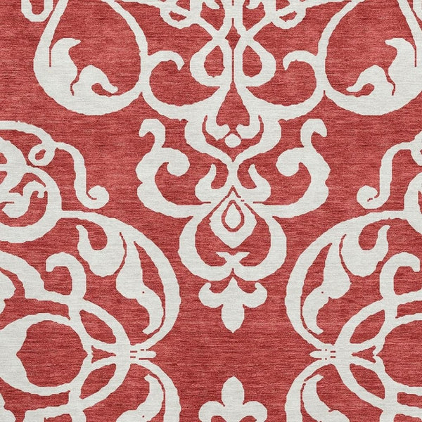 HomeRoots 5' Red and Ivory Damask Area Rug - Washable, UV Protected, Perfect for High-Traffic Spaces! 676946