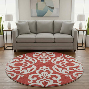 HomeRoots 8' Red And Ivory Damask Round Rug - Washable, Stain Resistant, UV Protected for Stylish Homes 676947