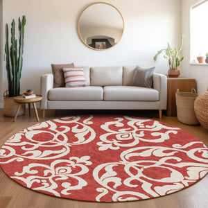 HomeRoots 8' Red And Ivory Damask Round Rug - Washable, Stain Resistant, UV Protected for Stylish Homes 676947