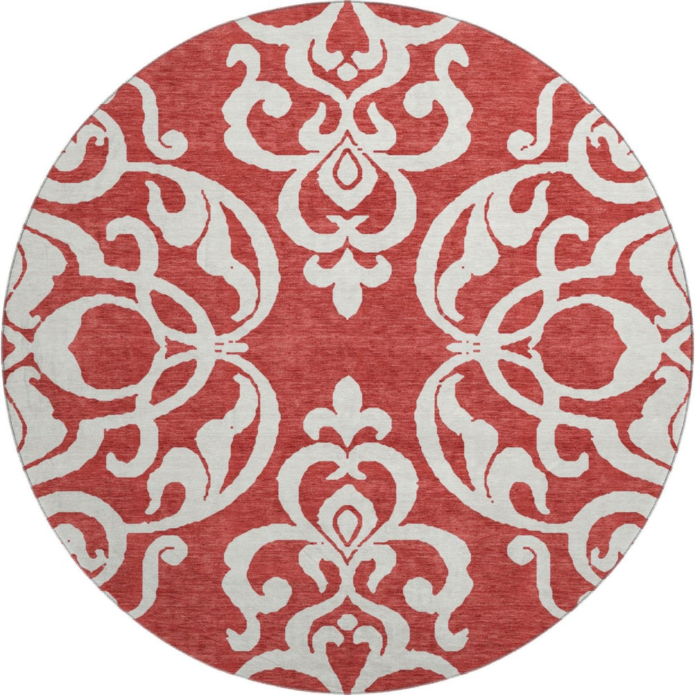 HomeRoots 8' Red And Ivory Damask Round Rug - Washable, Stain Resistant, UV Protected for Stylish Homes 676947