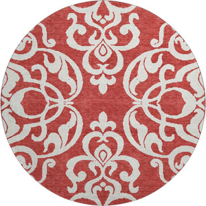 HomeRoots 8' Red And Ivory Damask Round Rug - Washable, Stain Resistant, UV Protected for Stylish Homes 676947