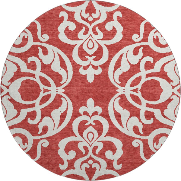 HomeRoots 8' Red And Ivory Damask Round Rug - Washable, Stain Resistant, UV Protected for Stylish Homes 676947