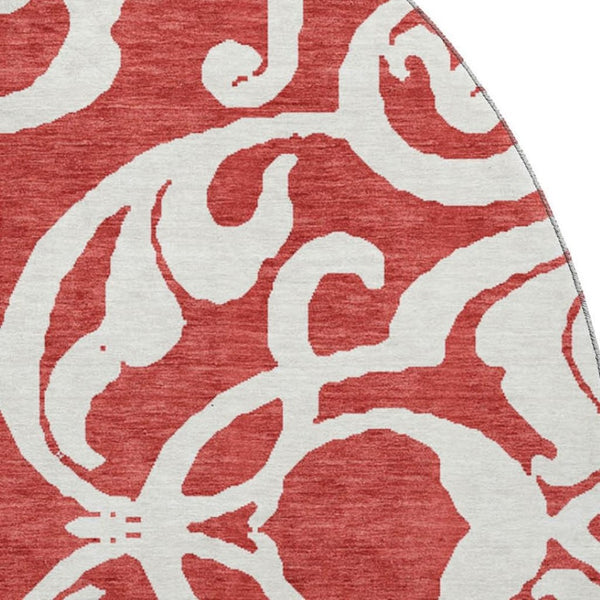 HomeRoots 8' Red And Ivory Damask Round Rug - Washable, Stain Resistant, UV Protected for Stylish Homes 676947