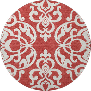 HomeRoots 8' Red And Ivory Damask Round Rug - Washable, Stain Resistant, UV Protected for Stylish Homes 676947