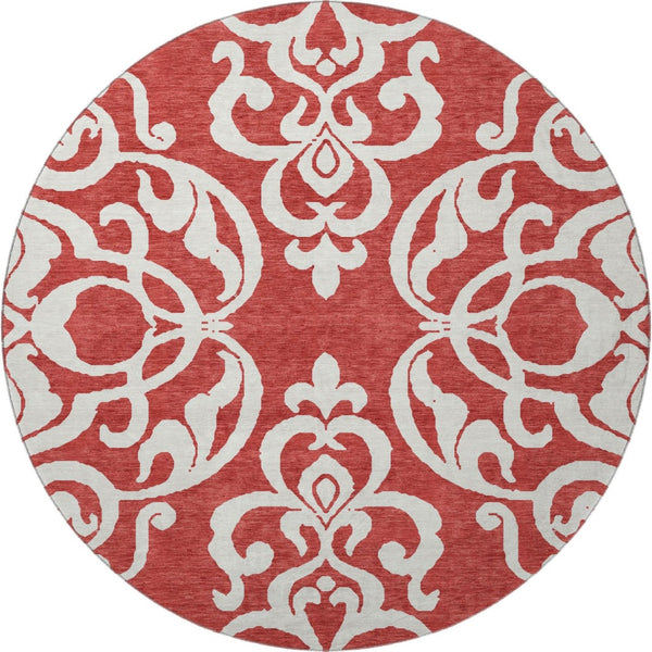 HomeRoots 8' Red And Ivory Damask Round Rug - Washable, Stain Resistant, UV Protected for Stylish Homes 676947