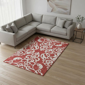 HomeRoots 8' X 10' Elegant Red and Ivory Damask Area Rug - Washable, UV Protected, Stain Resistant Beauty! 676948