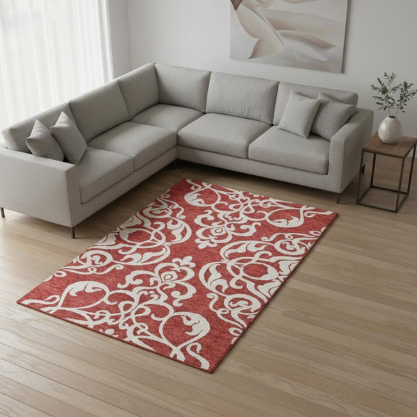 HomeRoots 8' X 10' Elegant Red and Ivory Damask Area Rug - Washable, UV Protected, Stain Resistant Beauty! 676948
