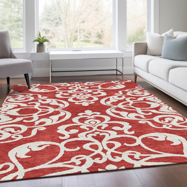 HomeRoots 8' X 10' Elegant Red and Ivory Damask Area Rug - Washable, UV Protected, Stain Resistant Beauty! 676948