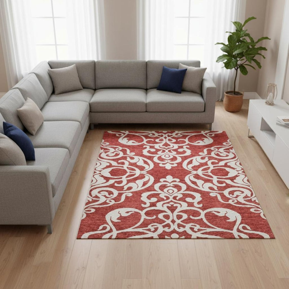 HomeRoots 9' X 12' Red And Ivory Damask Area Rug – Durable, Washable, UV-Protected for Homes with Style! 676949