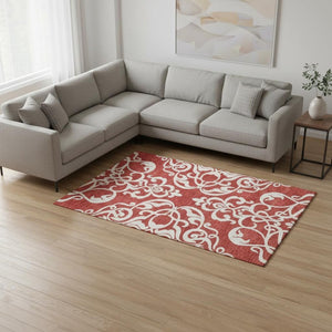 HomeRoots 10' Red and Ivory Damask Area Rug – Washable, Stain Resistant, UV Protected for High-Traffic Homes 676950