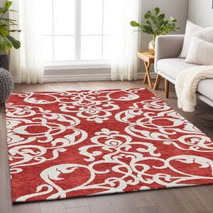 HomeRoots 10' Red and Ivory Damask Area Rug – Washable, Stain Resistant, UV Protected for High-Traffic Homes 676950