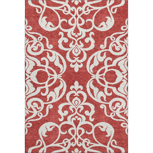 HomeRoots 10' Red and Ivory Damask Area Rug – Washable, Stain Resistant, UV Protected for High-Traffic Homes 676950