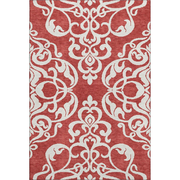 HomeRoots 10' Red and Ivory Damask Area Rug – Washable, Stain Resistant, UV Protected for High-Traffic Homes 676950
