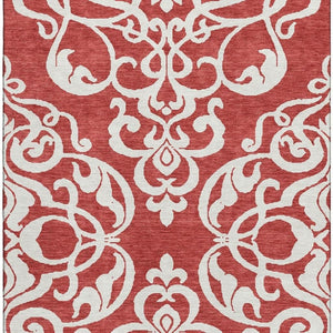 HomeRoots 10' Red and Ivory Damask Area Rug – Washable, Stain Resistant, UV Protected for High-Traffic Homes 676950