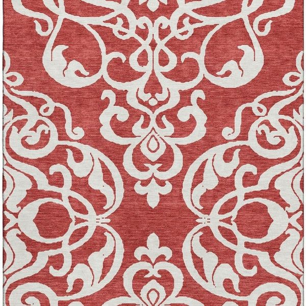 HomeRoots 10' Red and Ivory Damask Area Rug – Washable, Stain Resistant, UV Protected for High-Traffic Homes 676950