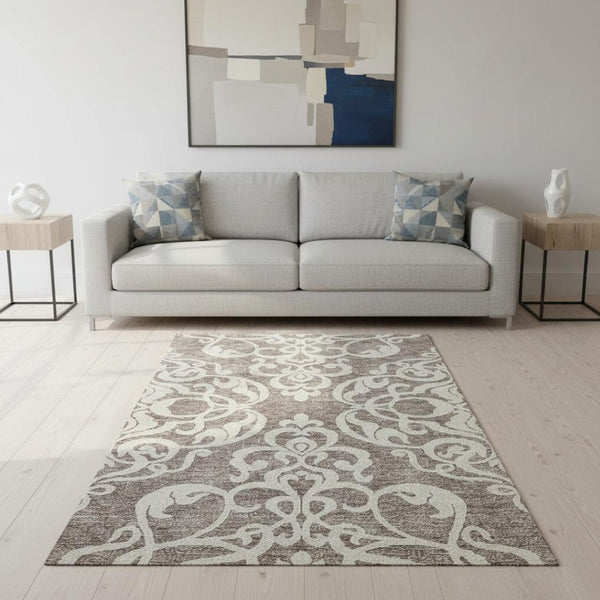 HomeRoots 5' X 8' Taupe and Ivory Damask Area Rug - Washable, UV Protected, Elegant Design for High-Traffic Spaces 676952