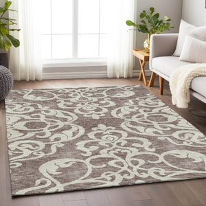 HomeRoots 5' X 8' Taupe and Ivory Damask Area Rug - Washable, UV Protected, Elegant Design for High-Traffic Spaces 676952