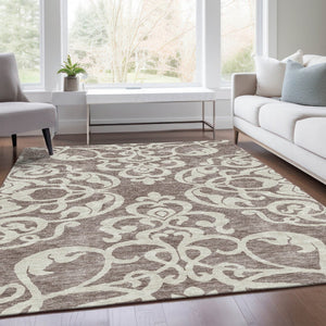 HomeRoots 5' X 8' Taupe and Ivory Damask Area Rug - Washable, UV Protected, Elegant Design for High-Traffic Spaces 676952