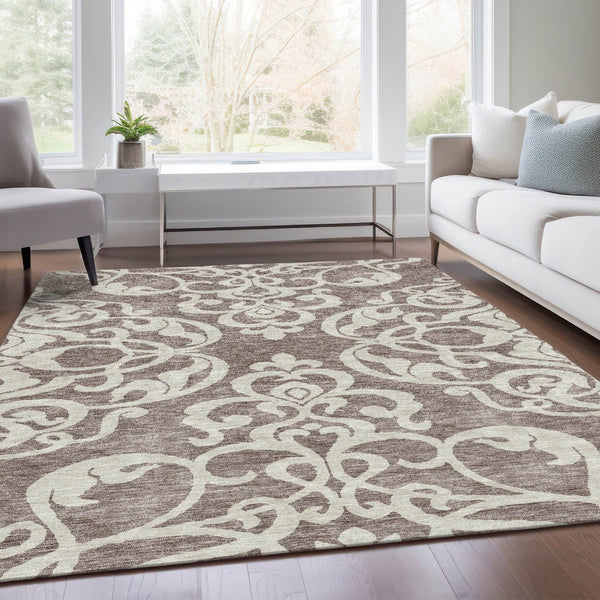HomeRoots 5' X 8' Taupe and Ivory Damask Area Rug - Washable, UV Protected, Elegant Design for High-Traffic Spaces 676952