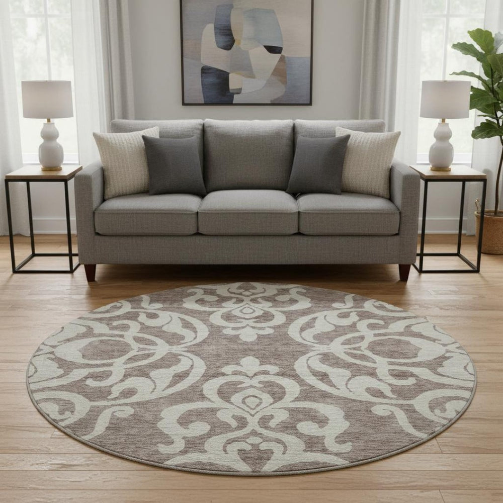 HomeRoots 8' Taupe and Ivory Damask Round Rug - Washable, UV-Protected, Stylish & Durable for Every Space 676953