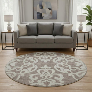 HomeRoots 8' Taupe and Ivory Damask Round Rug - Washable, UV-Protected, Stylish & Durable for Every Space 676953