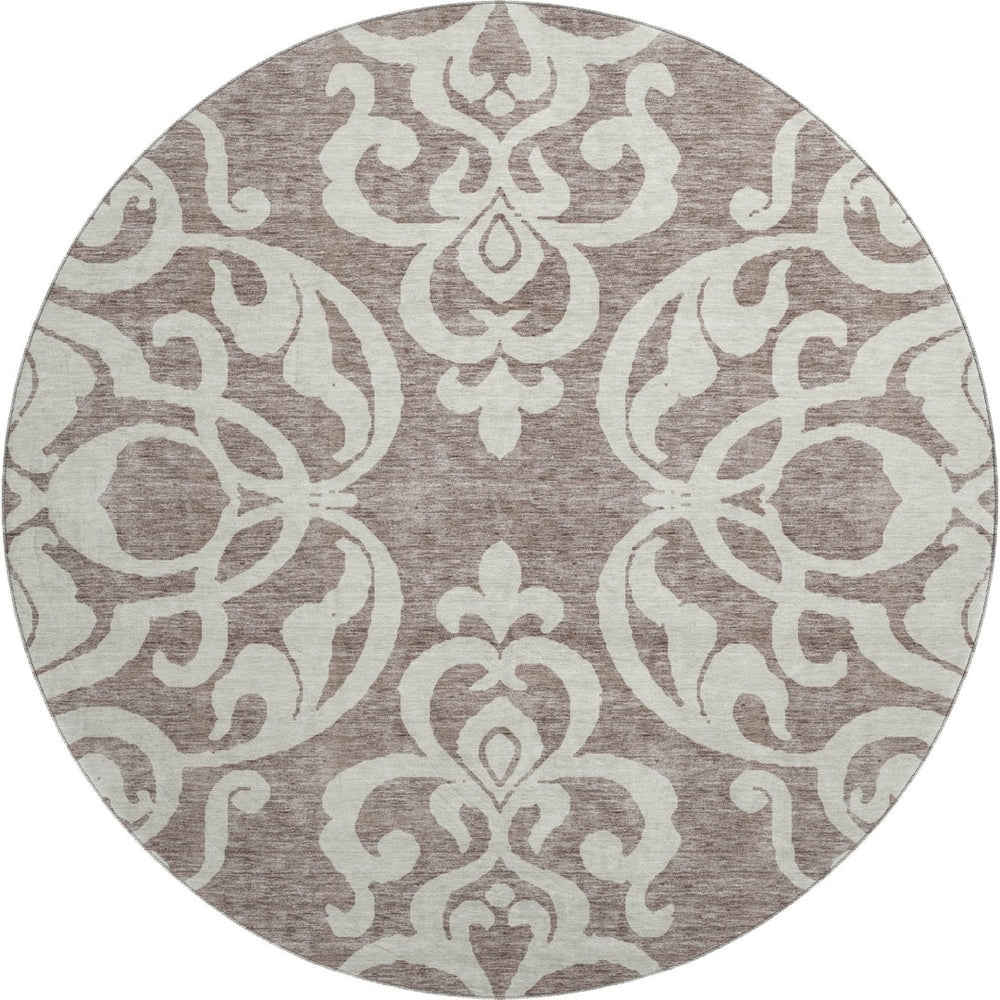 HomeRoots 8' Taupe and Ivory Damask Round Rug - Washable, UV-Protected, Stylish & Durable for Every Space 676953