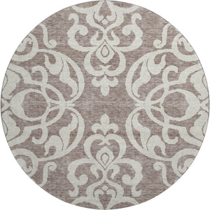 HomeRoots 8' Taupe and Ivory Damask Round Rug - Washable, UV-Protected, Stylish & Durable for Every Space 676953