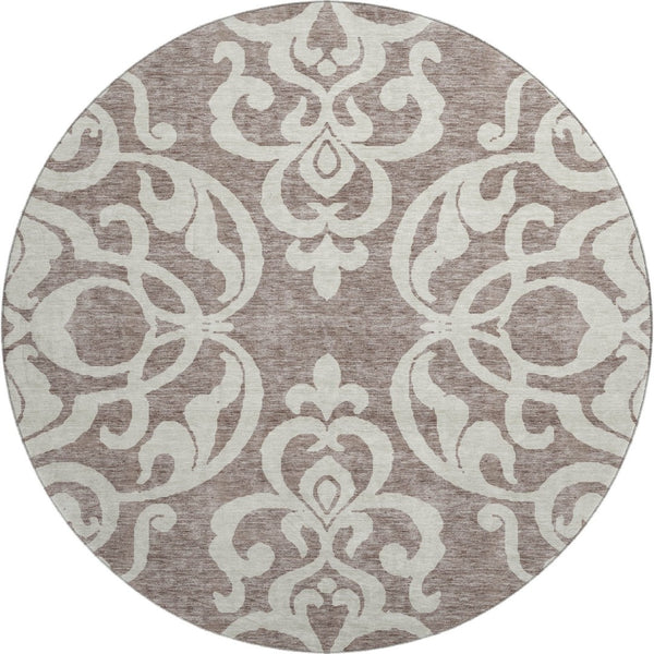 HomeRoots 8' Taupe and Ivory Damask Round Rug - Washable, UV-Protected, Stylish & Durable for Every Space 676953