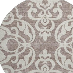 HomeRoots 8' Taupe and Ivory Damask Round Rug - Washable, UV-Protected, Stylish & Durable for Every Space 676953