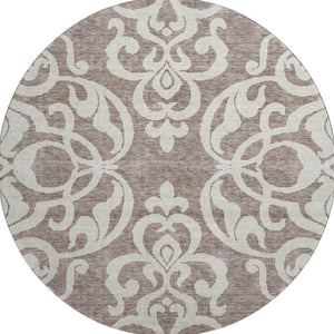 HomeRoots 8' Taupe and Ivory Damask Round Rug - Washable, UV-Protected, Stylish & Durable for Every Space 676953