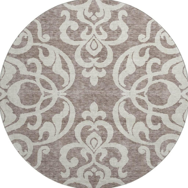 HomeRoots 8' Taupe and Ivory Damask Round Rug - Washable, UV-Protected, Stylish & Durable for Every Space 676953