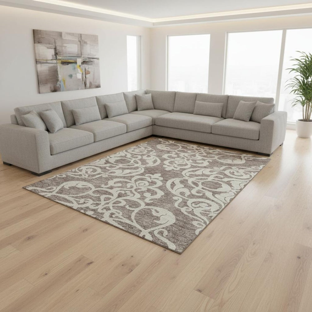 HomeRoots 8' X 10' Taupe and Ivory Damask Area Rug - Washable, UV Protected, Perfect for Homes with Kids & Pets! 676954