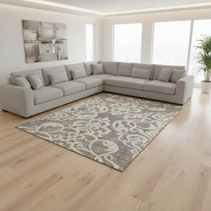 HomeRoots 8' X 10' Taupe and Ivory Damask Area Rug - Washable, UV Protected, Perfect for Homes with Kids & Pets! 676954