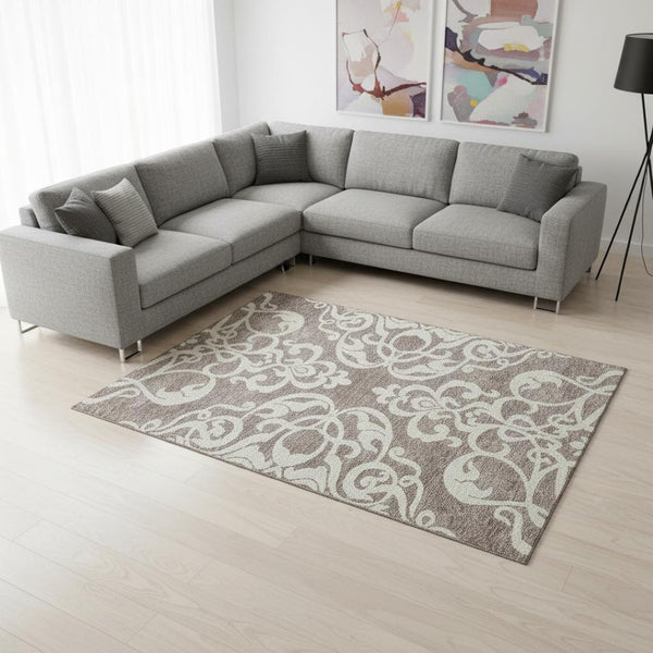 HomeRoots 9' X 12' Washable Taupe & Ivory Damask Area Rug – Durable, Stain-Resistant with UV Protection! 676955