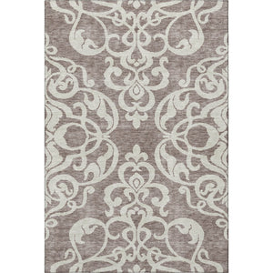 HomeRoots 9' X 12' Washable Taupe & Ivory Damask Area Rug – Durable, Stain-Resistant with UV Protection! 676955