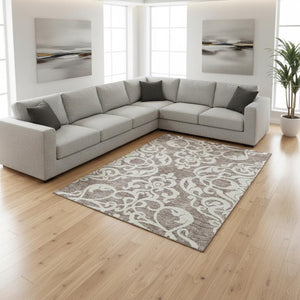 HomeRoots 10' X 14' Elegant Damask Area Rug - Washable, Stain-Resistant, UV Protected for Busy Homes! 676956