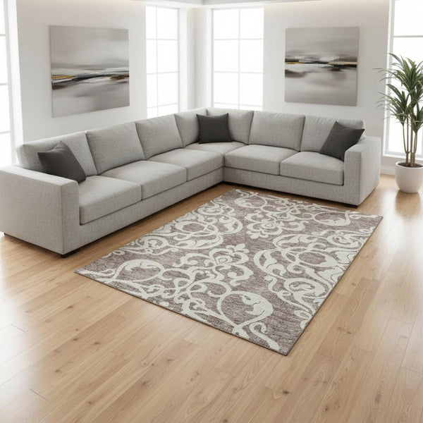 HomeRoots 10' X 14' Elegant Damask Area Rug - Washable, Stain-Resistant, UV Protected for Busy Homes! 676956