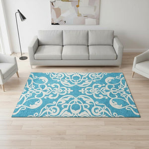 HomeRoots 5' X 8' Turquoise & Ivory Damask Area Rug - Washable, UV Protected, Perfect for All Homes! 676958