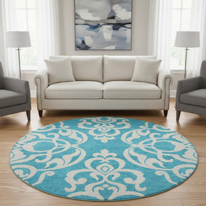 HomeRoots 8' Turquoise and Ivory Damask Washable Round Rug with UV Protection, Stylish & Durable for Any Space 676959