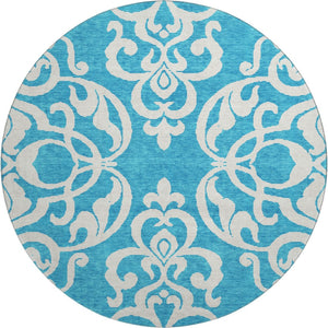 HomeRoots 8' Turquoise and Ivory Damask Washable Round Rug with UV Protection, Stylish & Durable for Any Space 676959
