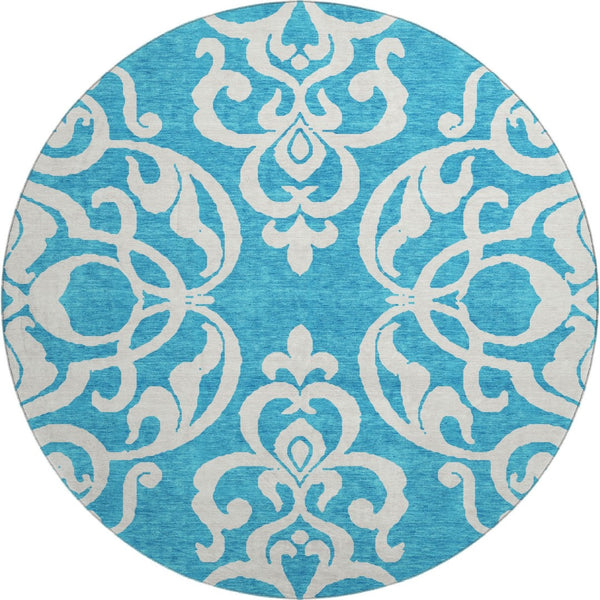 HomeRoots 8' Turquoise and Ivory Damask Washable Round Rug with UV Protection, Stylish & Durable for Any Space 676959
