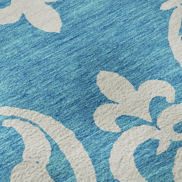 HomeRoots 8' Turquoise and Ivory Damask Washable Round Rug with UV Protection, Stylish & Durable for Any Space 676959