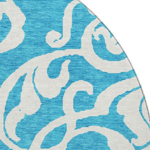 HomeRoots 8' Turquoise and Ivory Damask Washable Round Rug with UV Protection, Stylish & Durable for Any Space 676959
