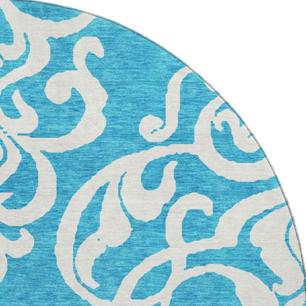 HomeRoots 8' Turquoise and Ivory Damask Washable Round Rug with UV Protection, Stylish & Durable for Any Space 676959