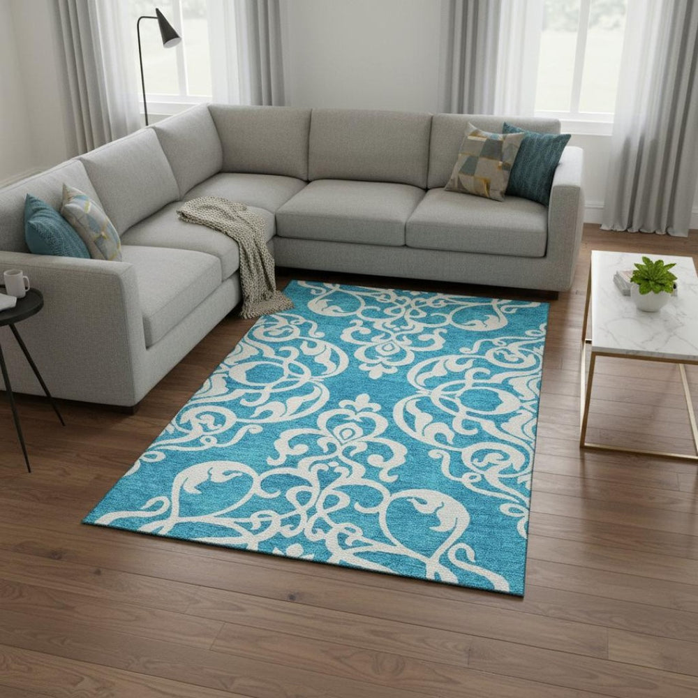 HomeRoots 8' X 10' Turquoise & Ivory Damask Washable Area Rug - UV Protected, Stain-Resistant & Durable! 676960