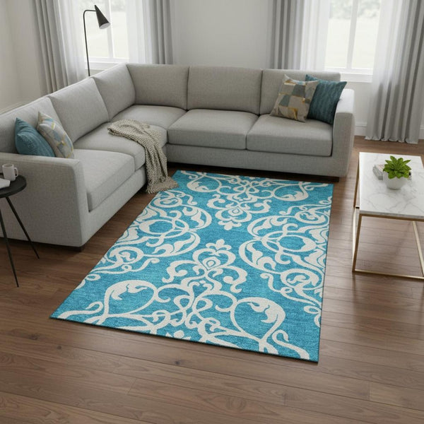 HomeRoots 8' X 10' Turquoise & Ivory Damask Washable Area Rug - UV Protected, Stain-Resistant & Durable! 676960