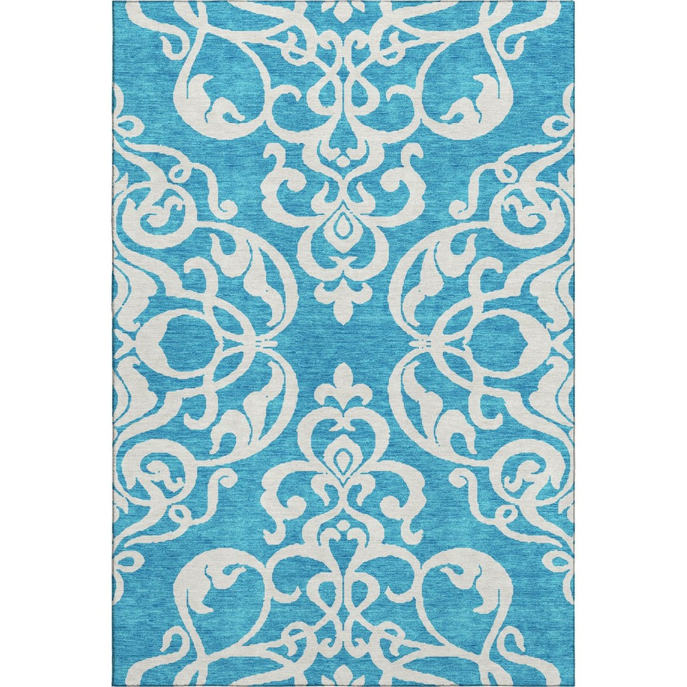 HomeRoots 8' X 10' Turquoise & Ivory Damask Washable Area Rug - UV Protected, Stain-Resistant & Durable! 676960